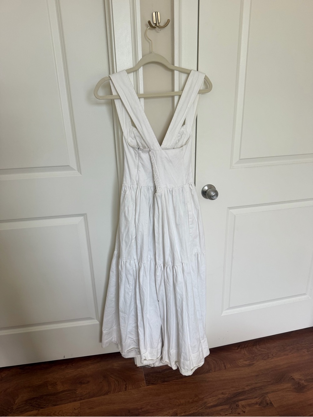 Anthropologie “Forever That Girl” Cream Denim Sweetheart-Neck Tiered Midi Dress - Picture 3 of 4
